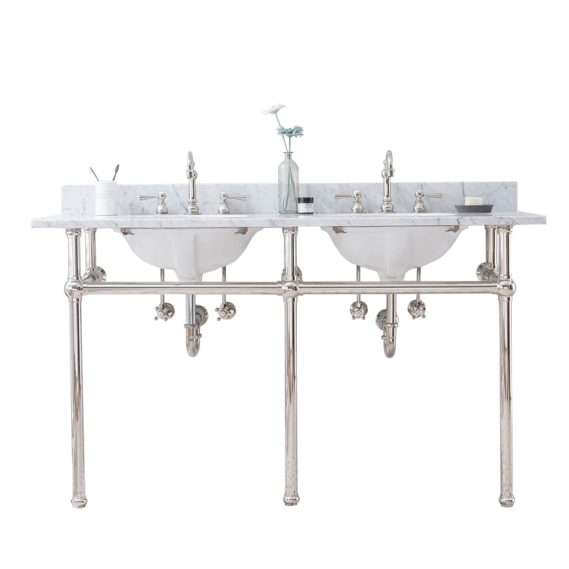 EMBASSY 60"W x 34"H  Double Washstand , P-Trap, Countertop with Sink, and F2-0012 Faucet included, in Polished Nickel Finish