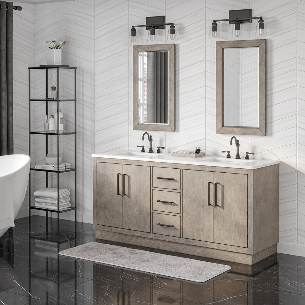 HUGO 72"W x 34.3"H Gray Oak Double-Sink Vanity with Carrara White Marble Countertop + Mirrors