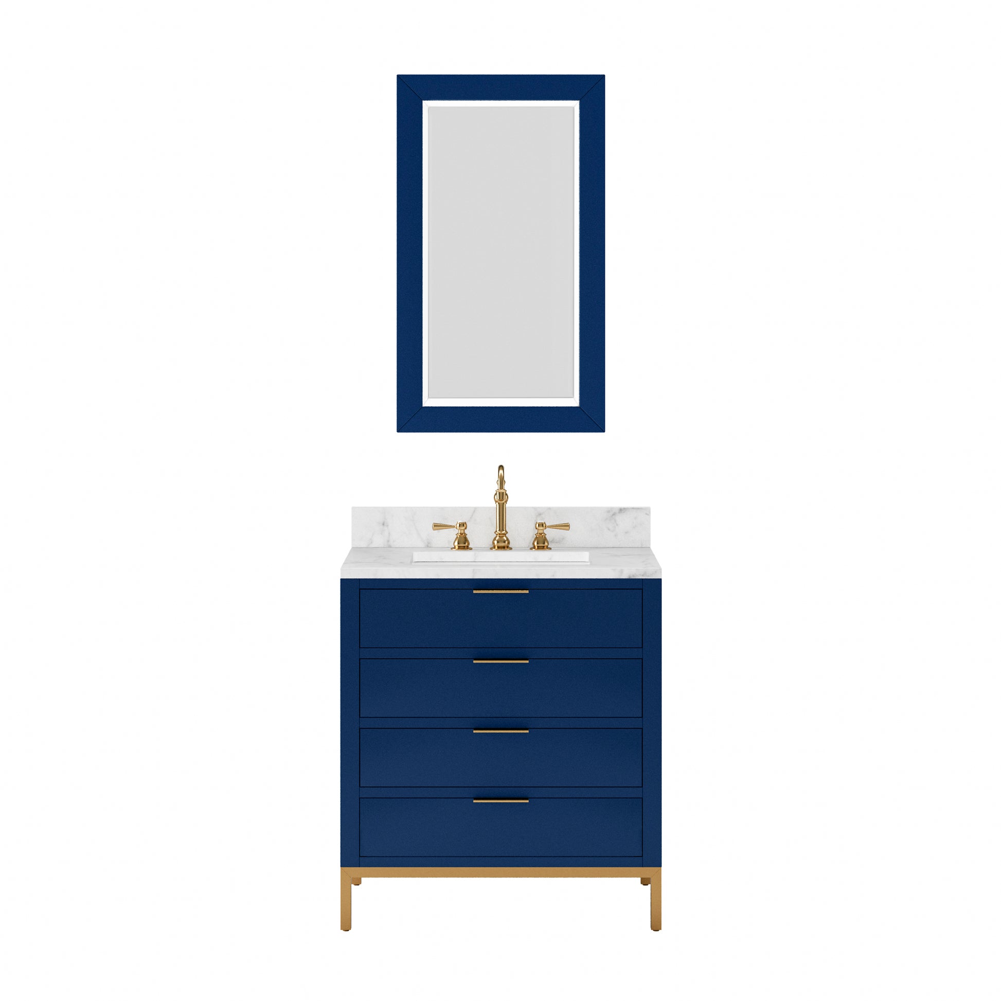 BRISTOL 30"W x 34"H Monarch Blue Single-Sink Vanity with Carrara White Marble Countertop + Rectangular Mirror (S)