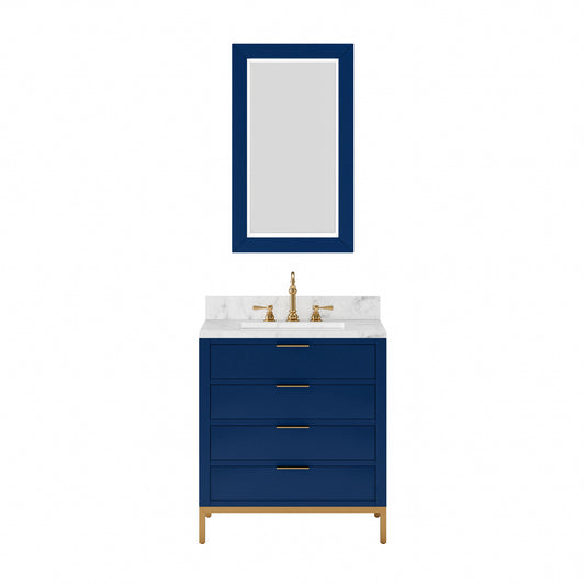 BRISTOL 30"W x 34"H Monarch Blue Single-Sink Vanity with Carrara White Marble Countertop + Rectangular Mirror (S)