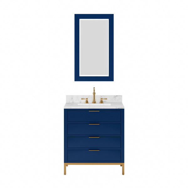 BRISTOL 30W x 34H Monarch Blue Single-Sink Vanity with Carrara White Marble Countertop + Rectangular Mirror (S)