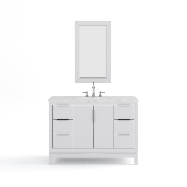 ELIZABETH 48W x 34.25H Pure White Single-Sink Vanity with Carrara White Marble Countertop + Faucets & Mirror (F2-0012-01-TL)