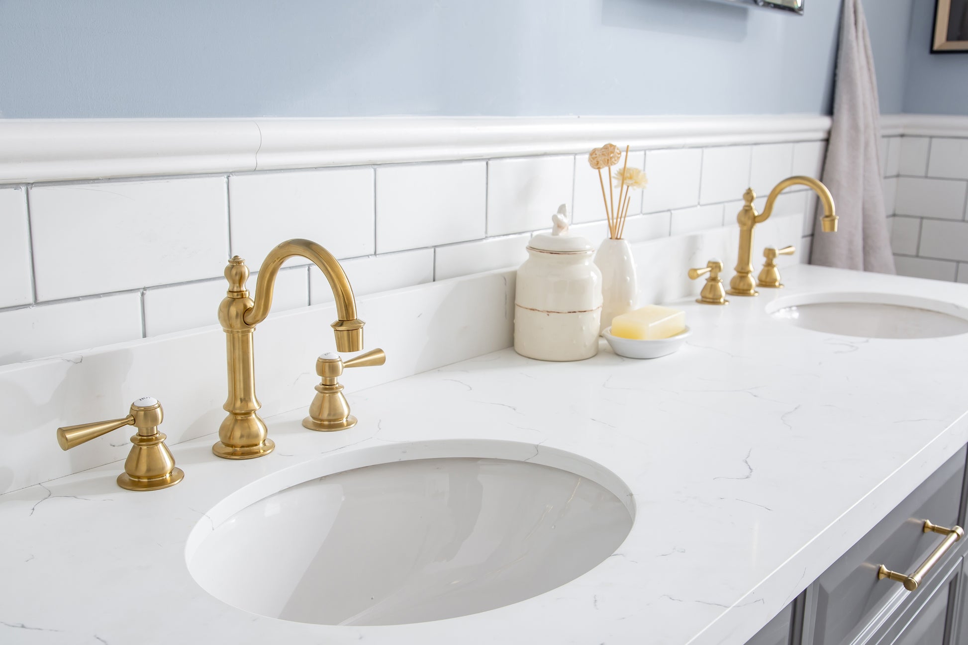 PALACE 72"W x 34"H Cashmere Gray Vanity with Carrara Quartz Countertop + Faucets & Mirrors (F2-0012), Satin Gold Finish Hardware & Chrome Finish Mirror  (A)