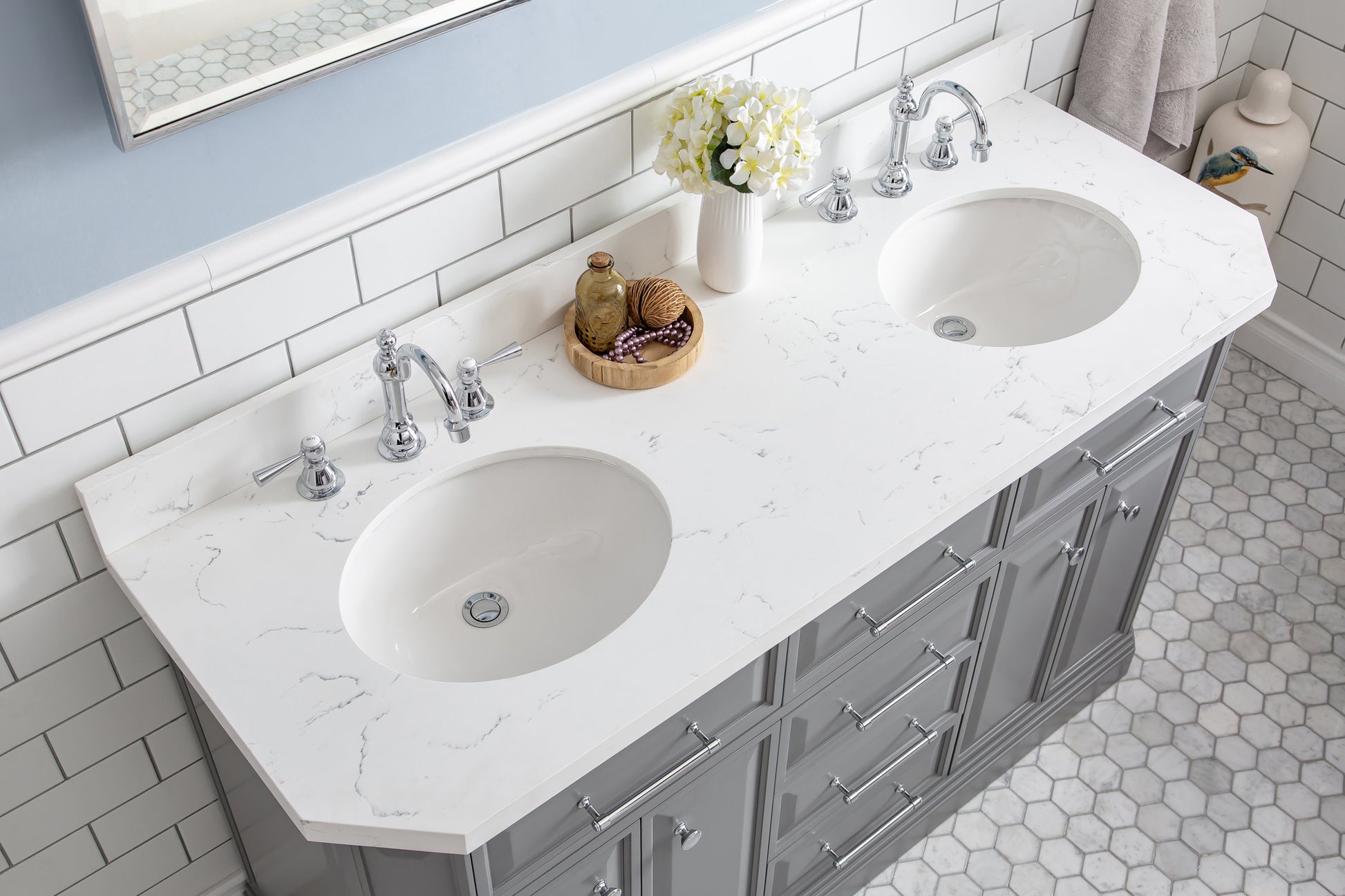 PALACE 60"W x 34"H Cashmere Gray Vanity with Carrara Quartz Countertop + Faucets (F2-0012), Chrome Finish Hardware