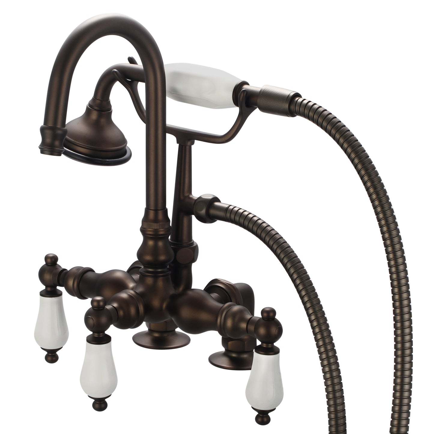 Vintage Classic 3.375" Center Deck Mount Tub Faucet With Gooseneck Spout, 2" Risers & Handheld Shower in Oil Rubbed Bronze Finish, With Porcelain Lever Handles Without labels