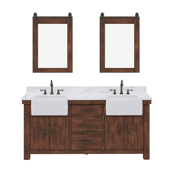 PAISLEY 72W x 33H Sierra Rustic Double-Sink Vanity with Carrara White Marble Countertop + Mirror