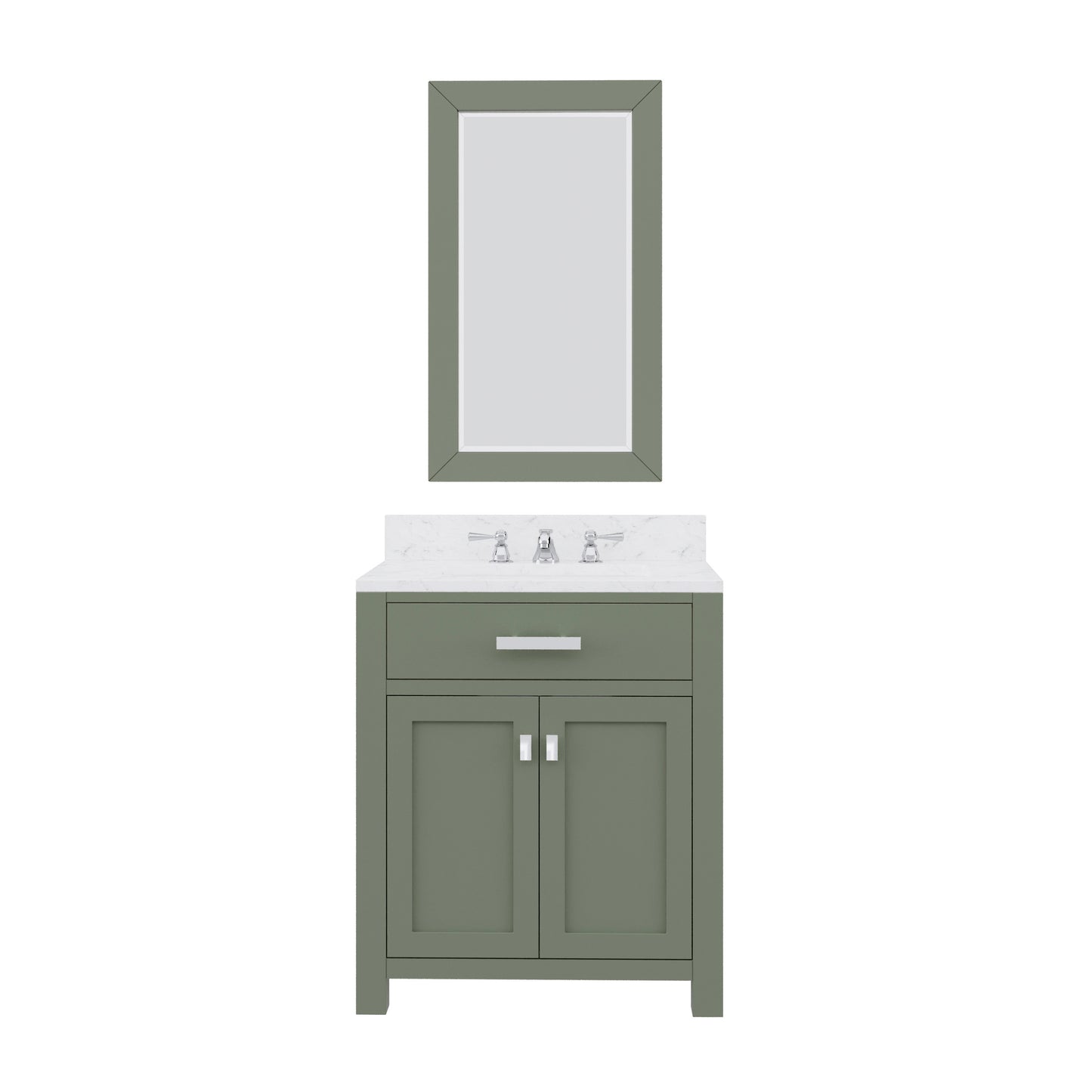 MADISON 30"W x 34"H Glacial Green Single-Sink Vanity with Carrara White Marble Countertop + Classic Faucet and Mirror