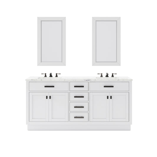 HARTFORD 72"W x 34"H Pure White Double-Sink Vanity with Carrara White Marble Countertop + Rectangular Mirror (S)