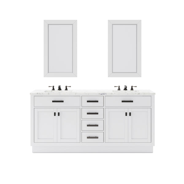 HARTFORD 72W x 34H Pure White Double-Sink Vanity with Carrara White Marble Countertop + Rectangular Mirror (S)