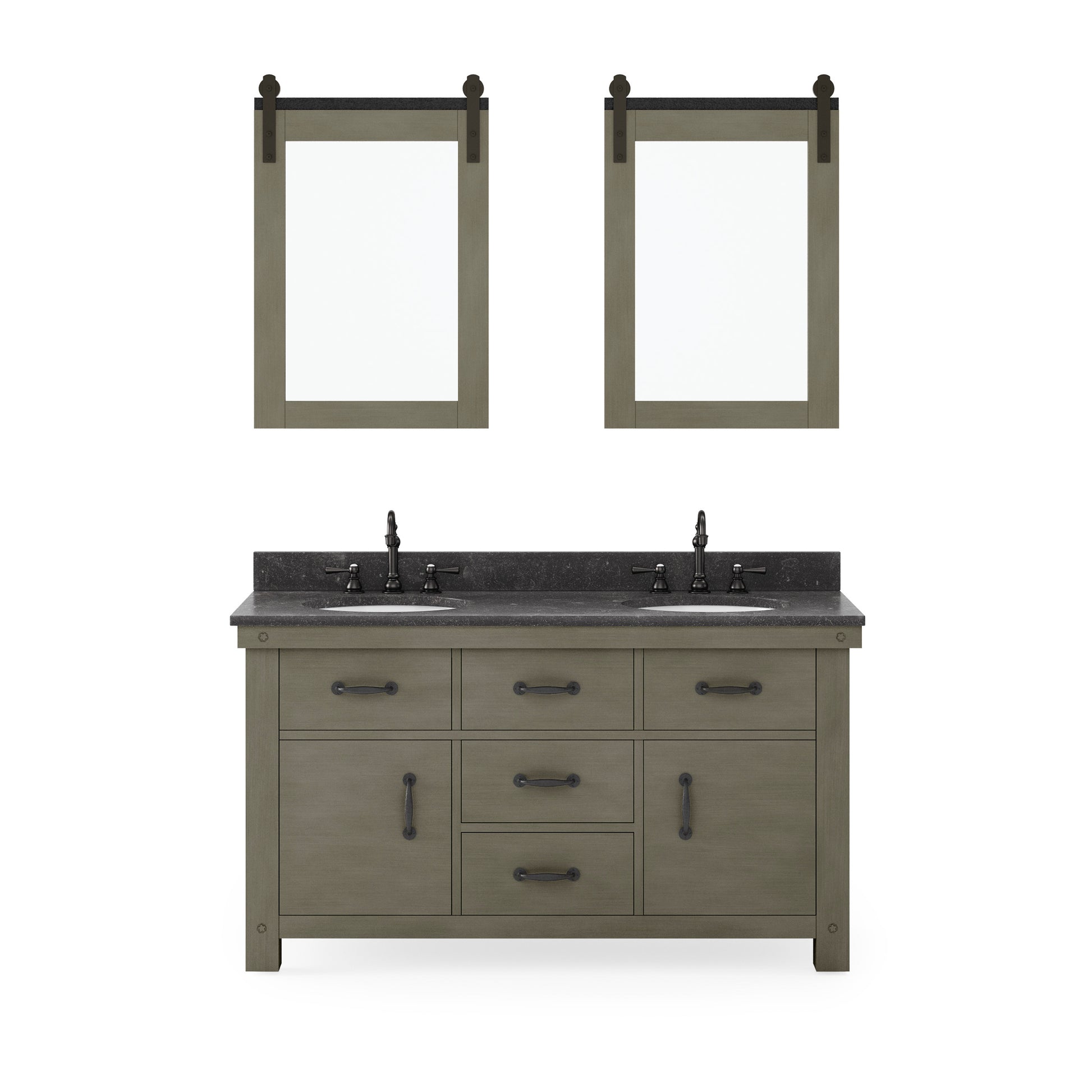 ABERDEEN 60"W x 34"H Grizzle Gray Double-Sink Vanity with Blue Limestone Countertop + Hook Faucets and Mirrors