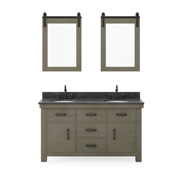 ABERDEEN 60W x 34H Grizzle Gray Double-Sink Vanity with Blue Limestone Countertop + Hook Faucets and Mirrors