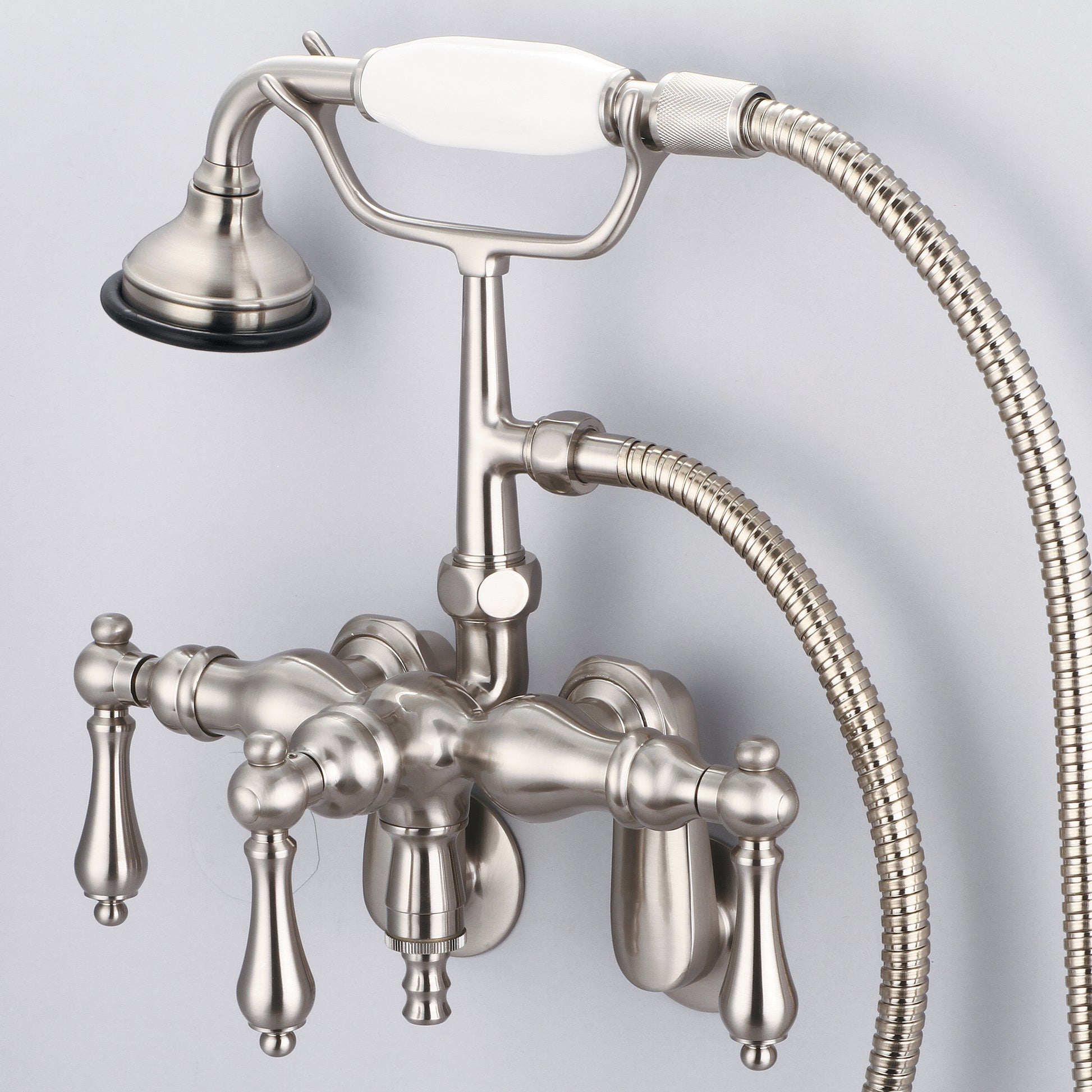 Vintage Classic Adjustable Center Wall Mount Tub Faucet With Down Spout, Swivel Wall Connector & Handheld Shower in Brushed Nickel Finish, With Metal Lever Handles Without Labels