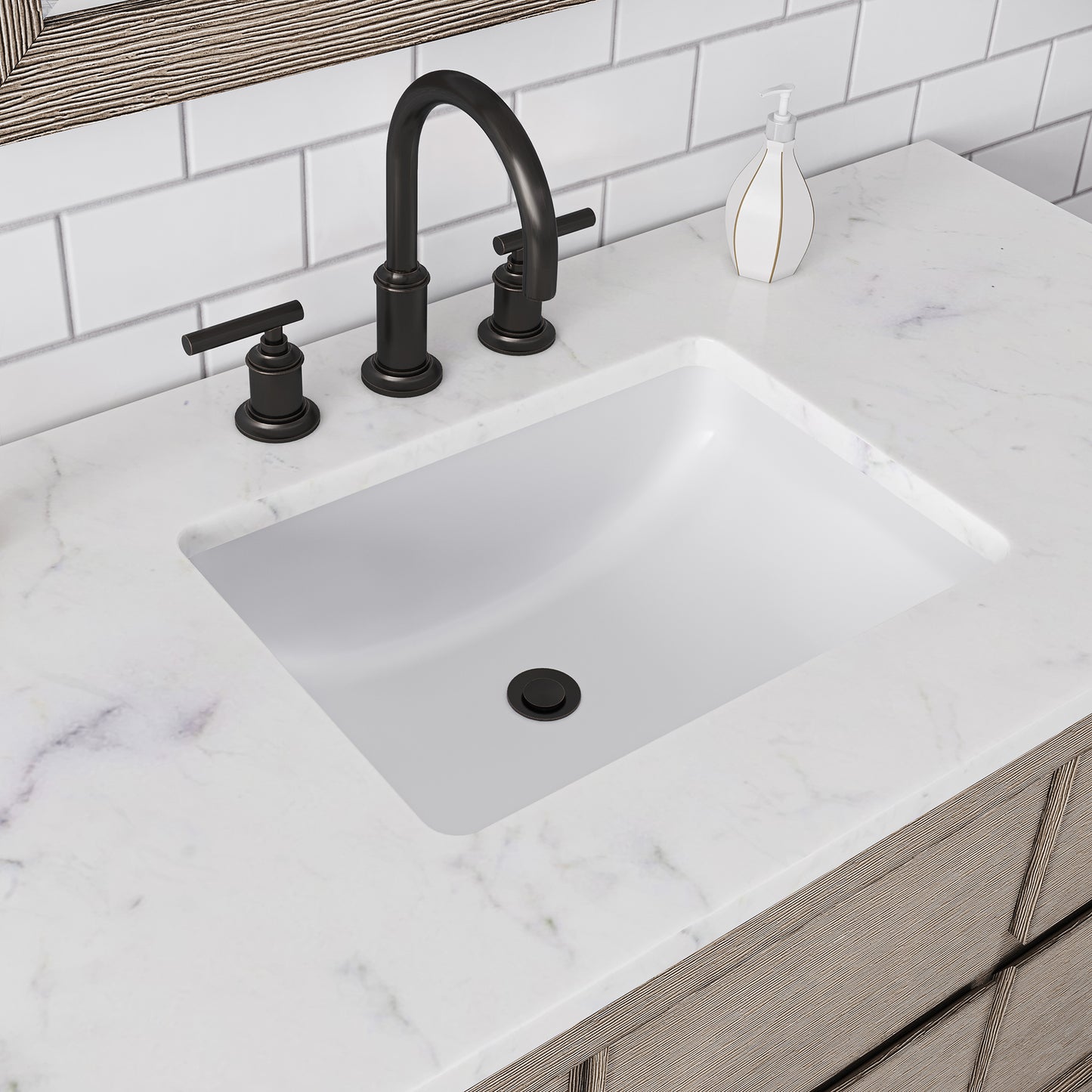 OAKMAN 48"W x 34.3"H Gray Oak Single-Sink Vanity with Carrara White Marble Countertop + ORB Faucet and Rectangular Mirror