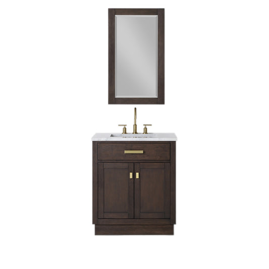 CHESTNUT 30"W x 34.2"H Brown Oak Single-Sink Vanity with Carrara White Marble Countertop + Faucet & Mirror