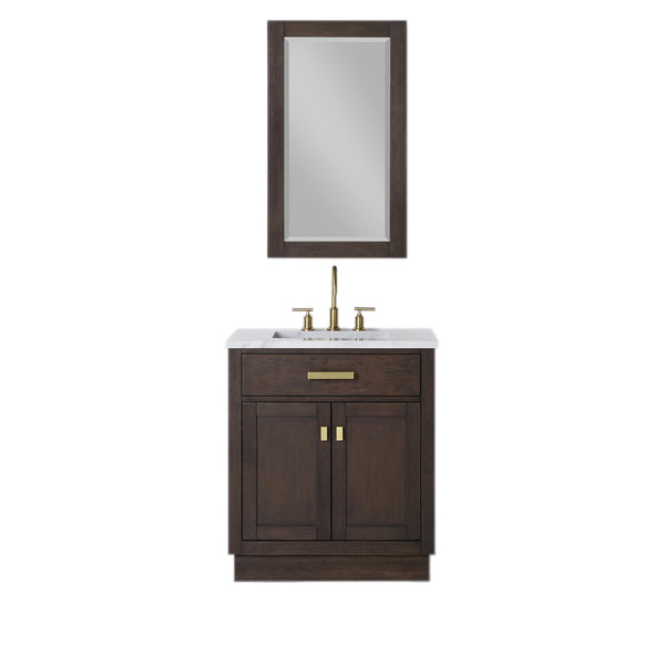 CHESTNUT 30W x 34.2H Brown Oak Single-Sink Vanity with Carrara White Marble Countertop + Faucet & Mirror