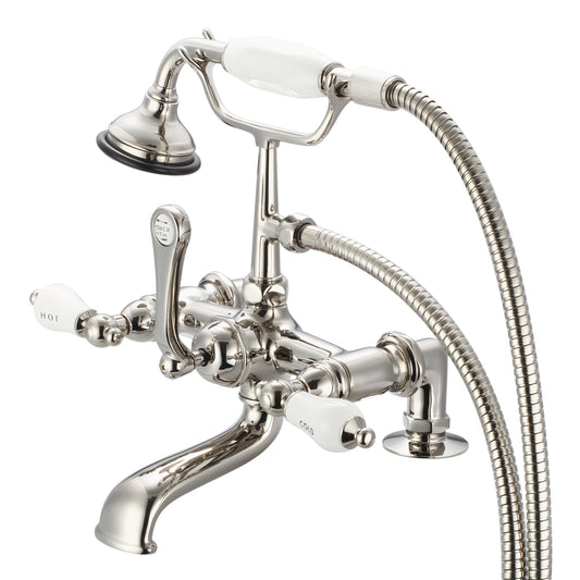 Vintage Classic 7" Spread Deck Mount Tub Faucet With 2" Risers & Handheld Shower in Polished Nickel Finish, With Porcelain Lever Handles, Hot And Cold Labels Included