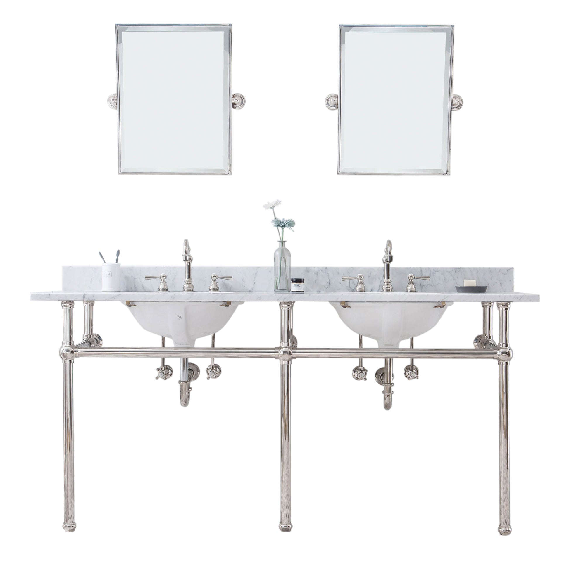 EMBASSY 72"W x 34"H  Double Washstand , P-Trap, Countertop with Sink, F2-0012 Faucet and Mirror included, in Polished Nickel Finish