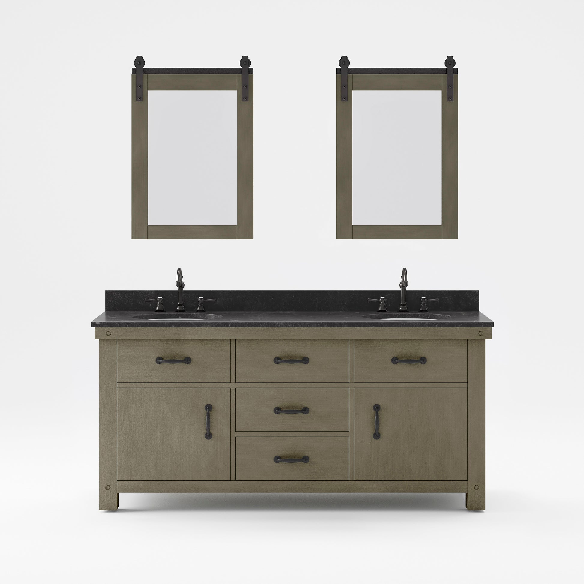 ABERDEEN 72"W x 34"H Grizzle Gray Double-Sink Vanity with Blue Limestone Countertop + Hook Faucet and Mirror