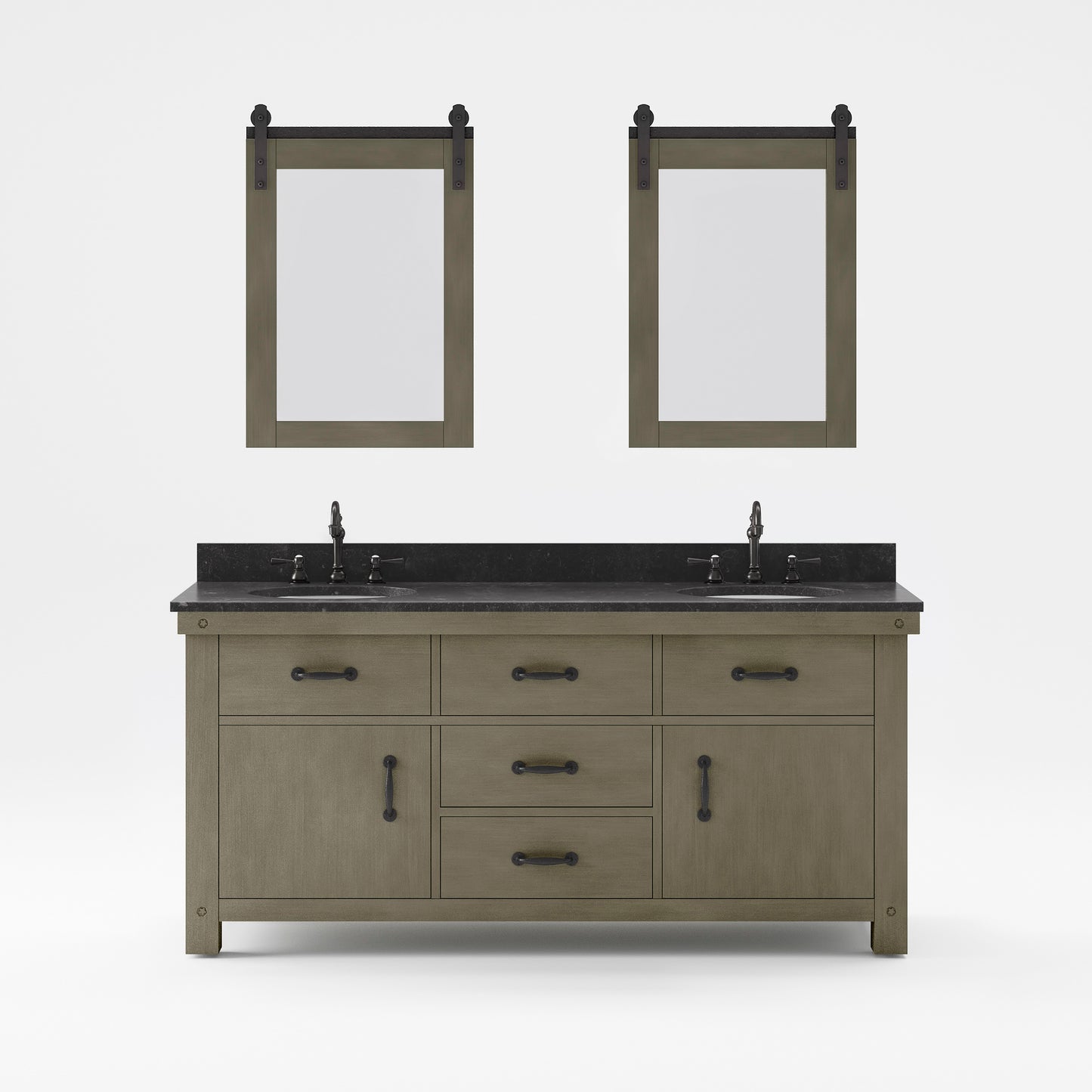 ABERDEEN 72"W x 34"H Grizzle Gray Double-Sink Vanity with Blue Limestone Countertop + Hook Faucet and Mirror