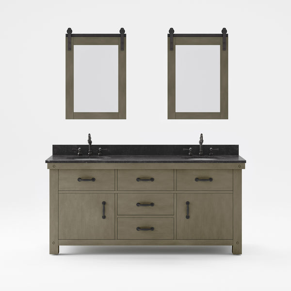 ABERDEEN 72W x 34H Grizzle Gray Double-Sink Vanity with Blue Limestone Countertop + Hook Faucet and Mirror