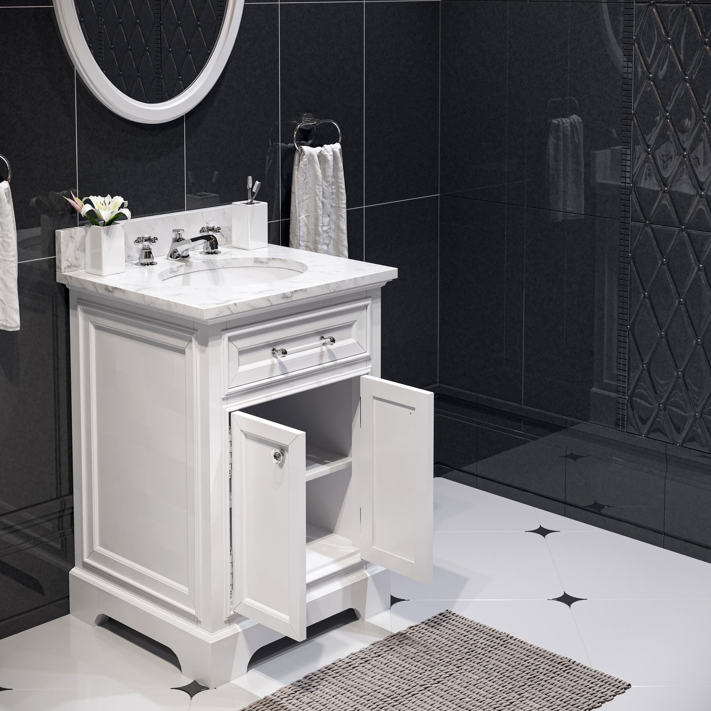 DERBY 24"W x 34"H Pure White Single-Sink Vanity with Carrara White Marble Countertop + Faucet