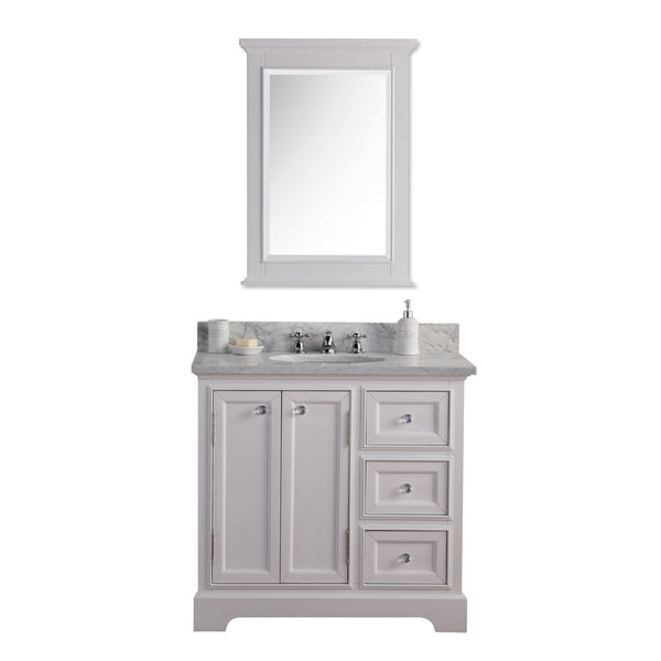 DERBY 36W x 34H Pure White Single-Sink Vanity with Carrara White Marble Countertop + Faucet & Mirror