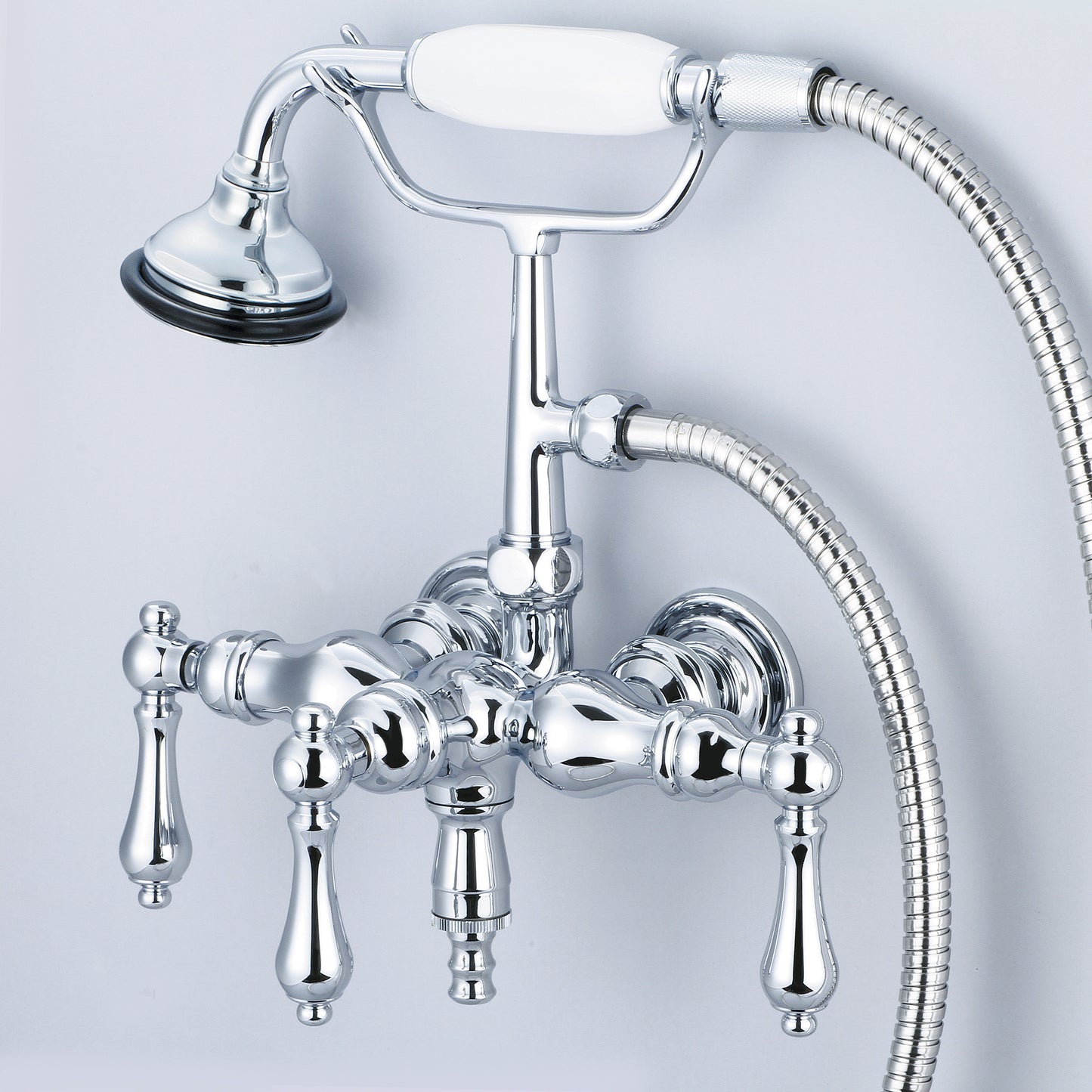 Vintage Classic 3.375" Center Wall Mount Tub Faucet With Down Spout, Straight Wall Connector & Handheld Shower in Chrome Finish, With Metal Lever Handles Without Labels