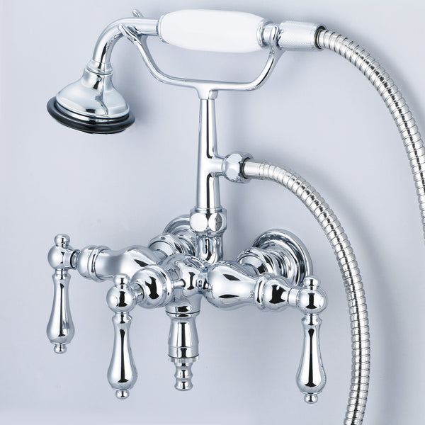 Vintage Classic 3.375 Center Wall Mount Tub Faucet With Down Spout, Straight Wall Connector & Handheld Shower in Chrome Finish, With Metal Lever Handles Without Labels