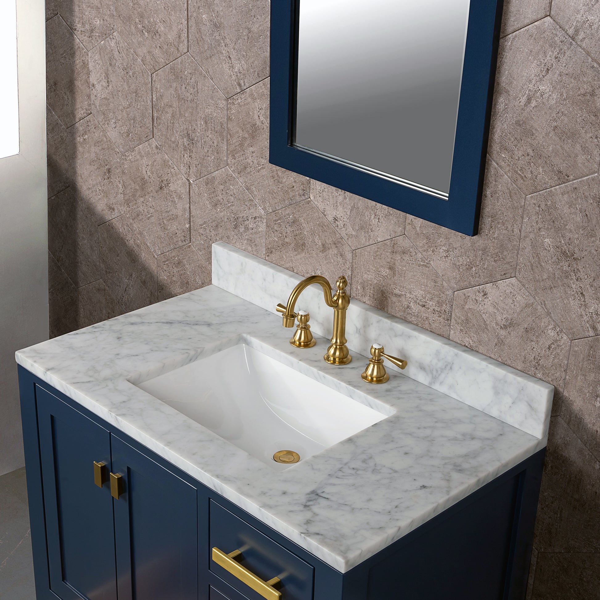 MADISON 36"W x 34"H Monarch Blue Single-Sink Vanity with Carrara White Marble Countertop + Faucets (F2-0012-06-TL)