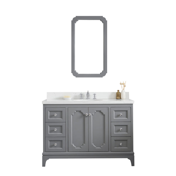 QUEEN 48W x 34H Cashmere Gray Single-Sink Vanity with Carrara Quartz Countertop + Faucets & Mirror (F2-0013)