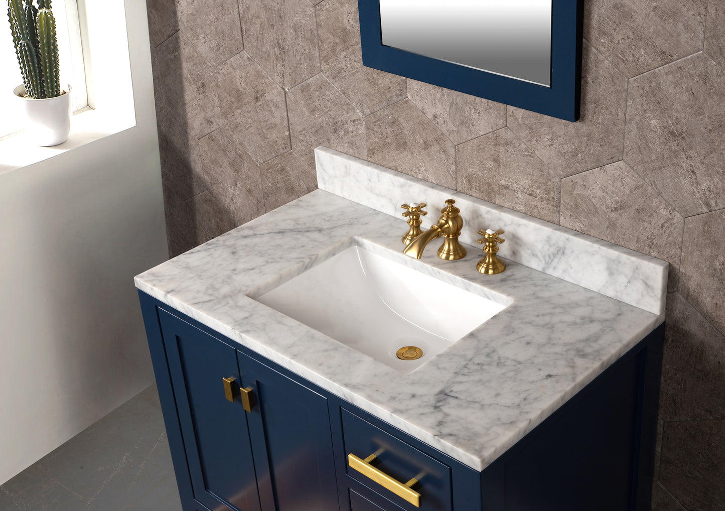 MADISON 36"W x 34"H Monarch Blue Single-Sink Vanity with Carrara White Marble Countertop + Faucets & Mirror (F2-0013-06-FX)