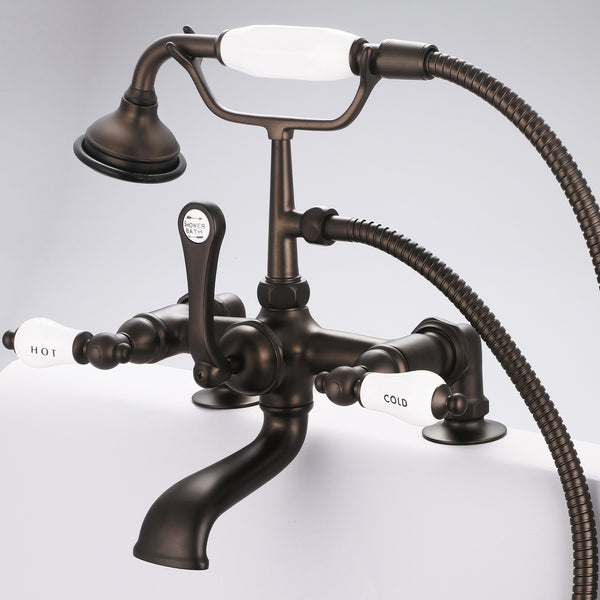 Vintage Classic 7 Spread Deck Mount Tub Faucet With 2 Risers & Handheld Shower in Oil Rubbed Bronze Finish, With Porcelain Lever Handles, Hot And Cold Labels Included