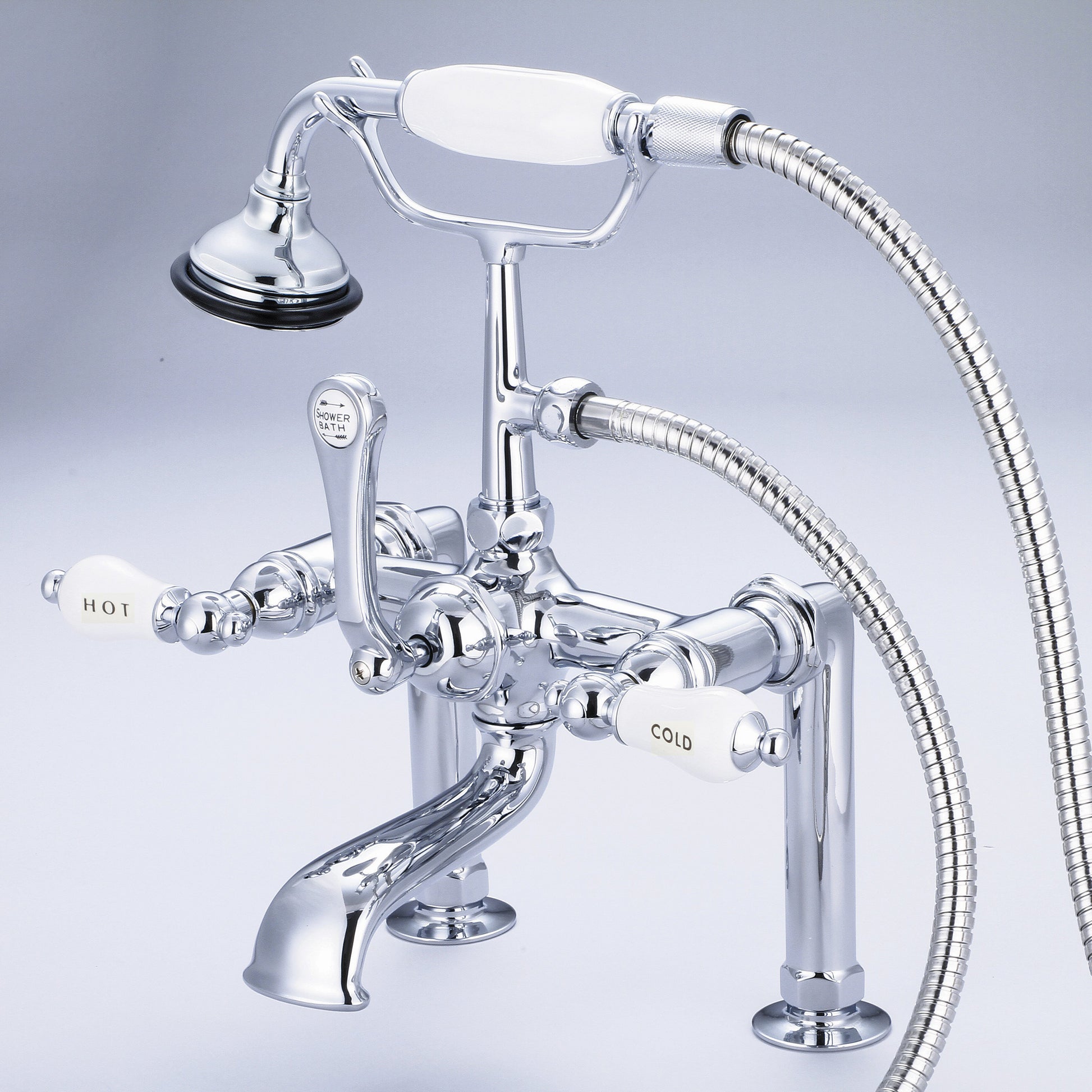 Vintage Classic 7" Spread Deck Mount Tub Faucet With 6" Risers & Handheld Shower in Chrome Finish, With Porcelain Lever Handles, Hot And Cold Labels Included