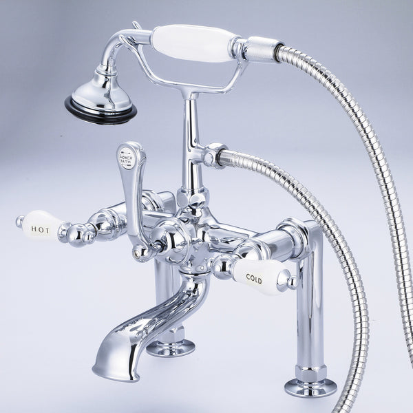 Vintage Classic 7 Spread Deck Mount Tub Faucet With 6 Risers & Handheld Shower in Chrome Finish, With Porcelain Lever Handles, Hot And Cold Labels Included