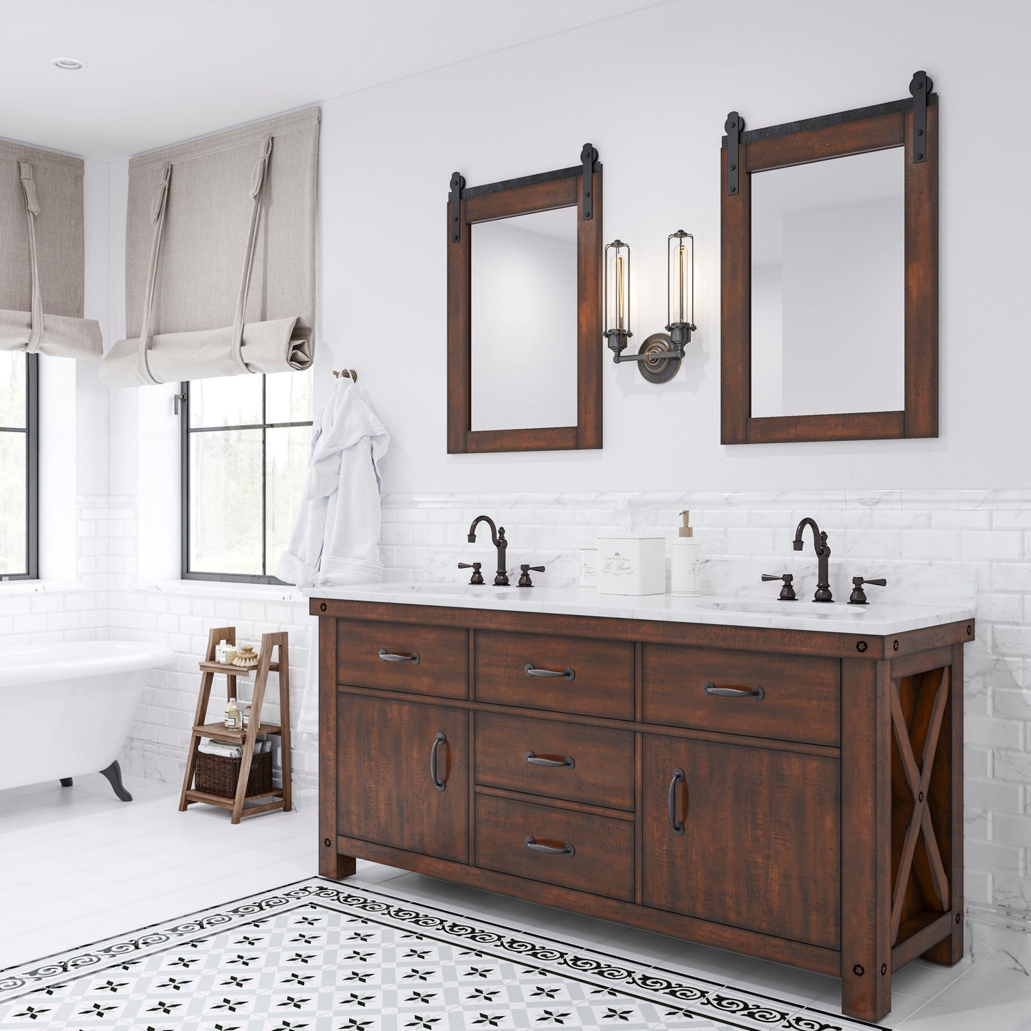 ABERDEEN 72"W x 34"H Sierra Rustic Double-Sink Vanity with Carrara White Marble Countertop + Mirrors