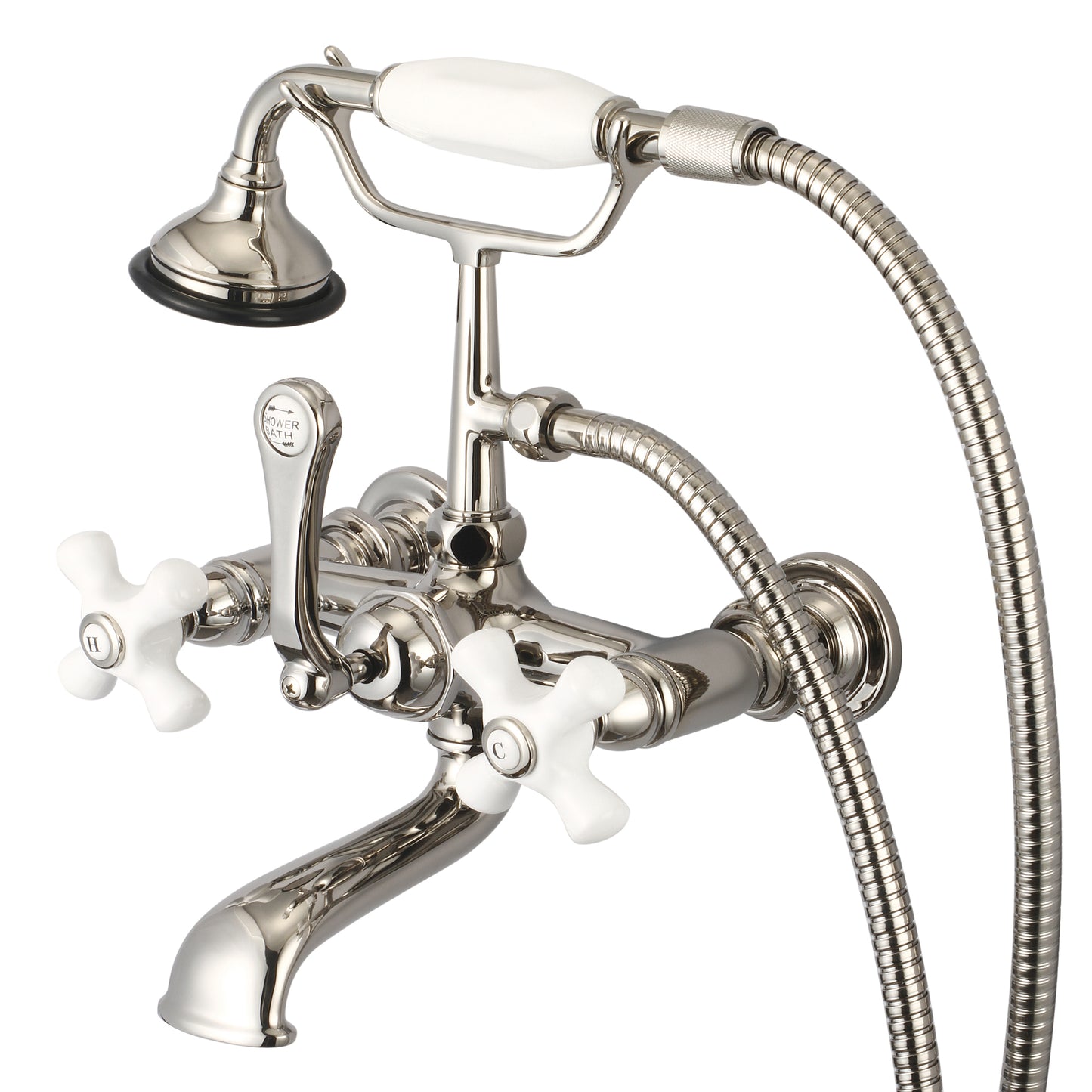 Vintage Classic 7" Spread Wall Mount Tub Faucet With Straight Wall Connector & Handheld Shower in Polished Nickel Finish, With Porcelain Cross Handles, Hot And Cold Labels Included