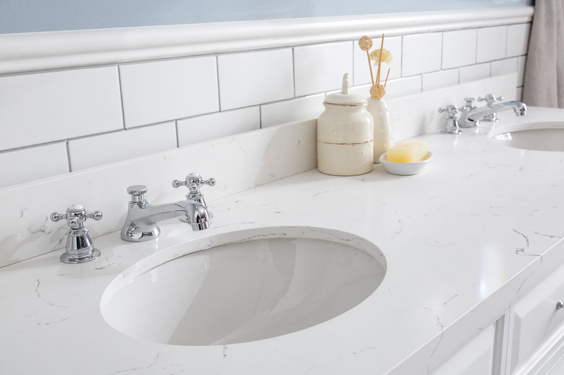 PALACE 72"W x 34"H Pure White Vanity with Carrara Quartz Countertop + Faucets (F2-0009), Chrome Finish Hardware