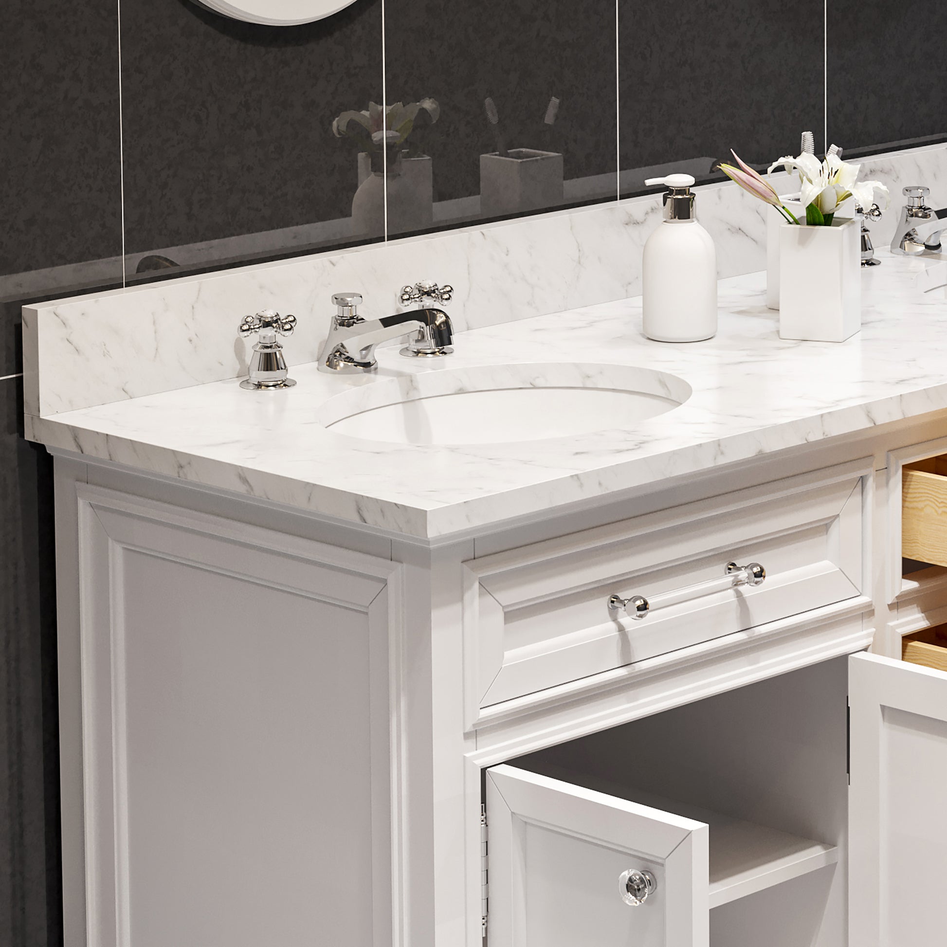 DERBY 60"W x 34"H Pure White Double-Sink Vanity with Carrara White Marble Countertop + Faucet