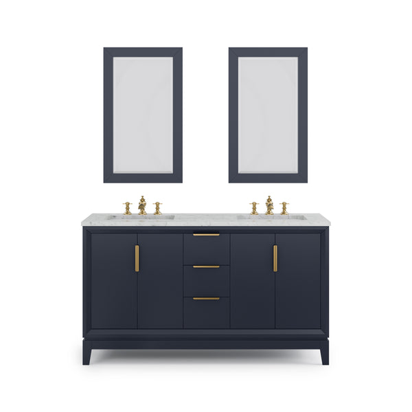 ELIZABETH 60W x 34.25H Monarch Blue Double-Sink Vanity with Carrara White Marble Countertop + Faucets & Mirror (F2-0013-06-FX)