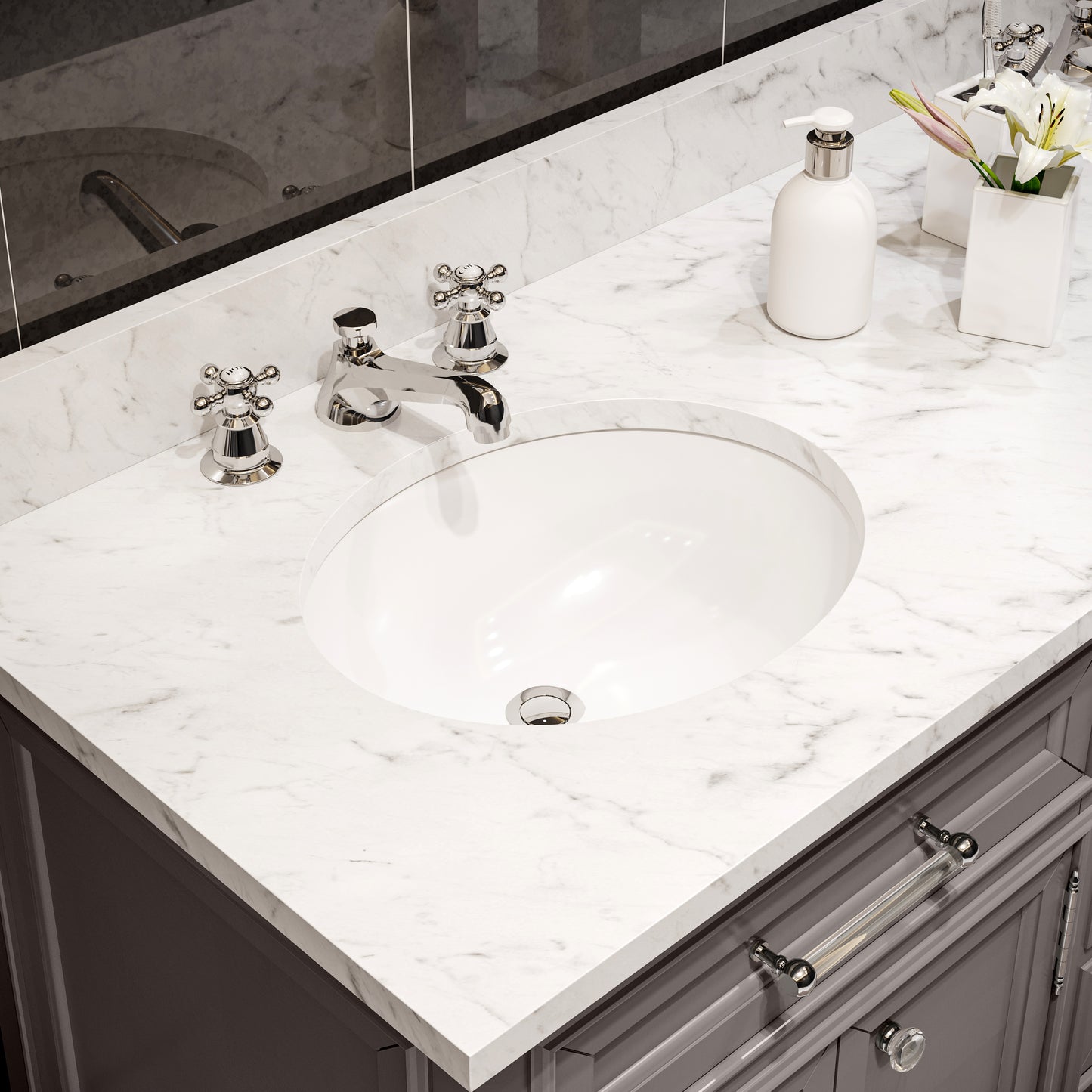 DERBY 72"W x 34"H Cashmere Gray Double-Sink Vanity with Carrara White Marble Countertop + Mirrors