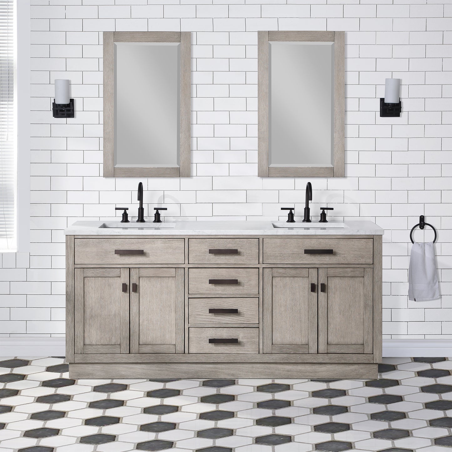 CHESTNUT 72"W x 34.2"H Gray Oak Double-Sink Vanity with Carrara White Marble Countertop