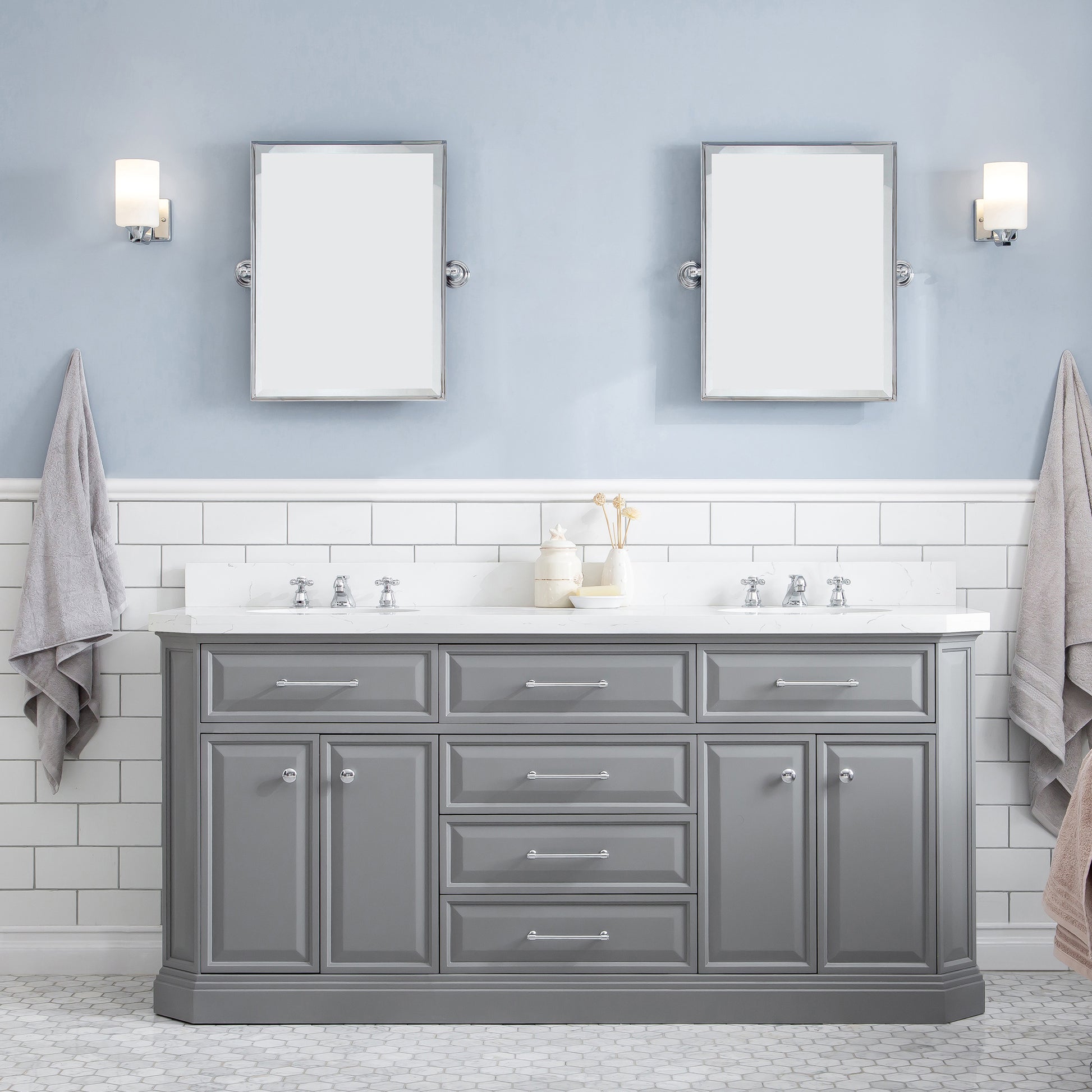 PALACE 72"W x 34"H Cashmere Gray Vanity with Carrara Quartz Countertop + Faucets & Mirror (F2-0009), Chrome Finish Hardware & Mirror