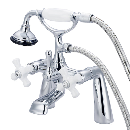 Vintage Classic 7" Spread Deck Mount Tub Faucet With Handheld Shower in Chrome Finish, With Porcelain Cross Handles, Hot And Cold Labels Included