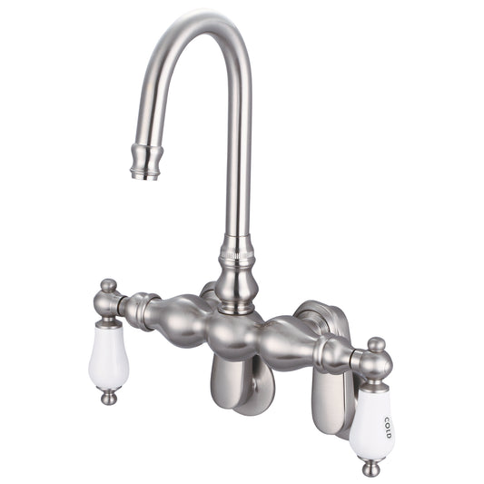 Vintage Classic Adjustable Spread Wall Mount Tub Faucet With Gooseneck Spout & Swivel Wall Connector in Brushed Nickel Finish, With Porcelain Lever Handles, Hot And Cold Labels Included