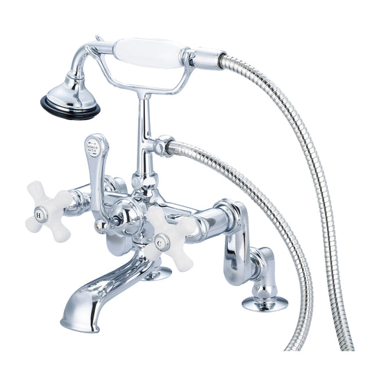 Vintage Classic Adjustable Center Deck Mount Tub Faucet With Handheld Shower in Chrome Finish, With Porcelain Cross Handles, Hot And Cold Labels Included