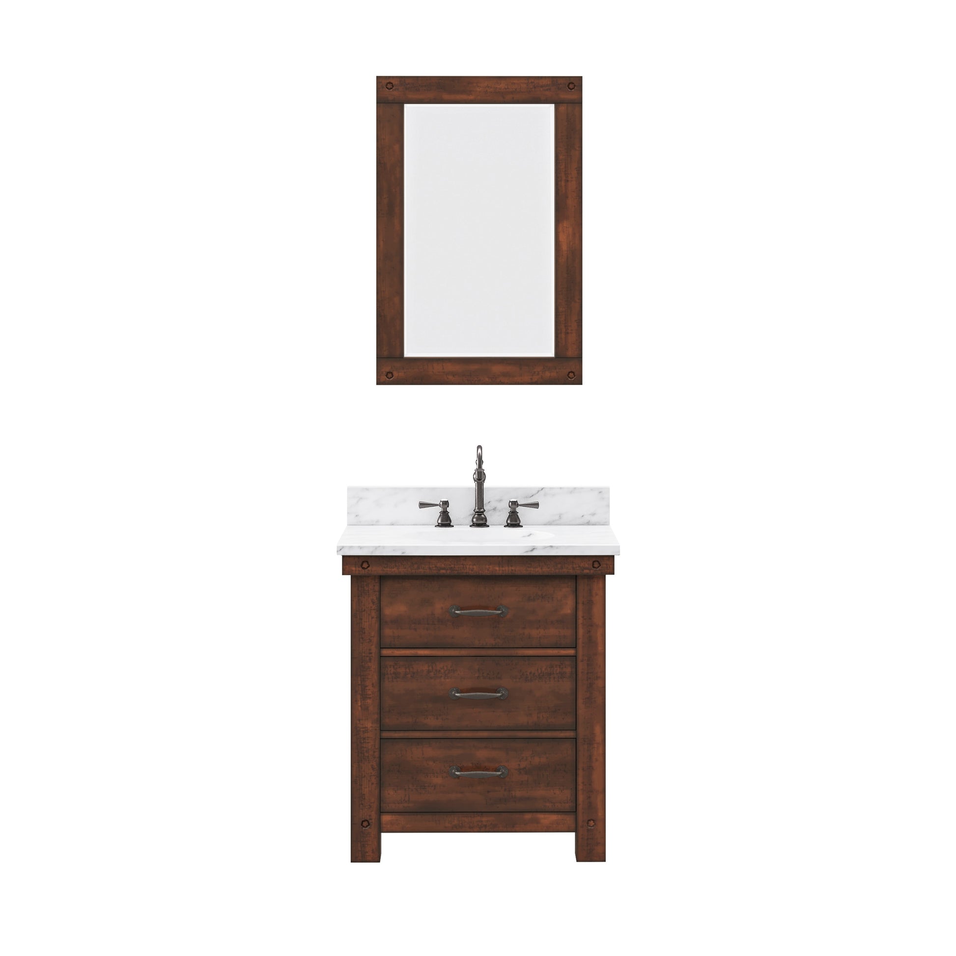 ABERDEEN 30"W x 34"H Sierra Rustic Single-Sink Vanity with Carrara White Marble Countertop + Mirror