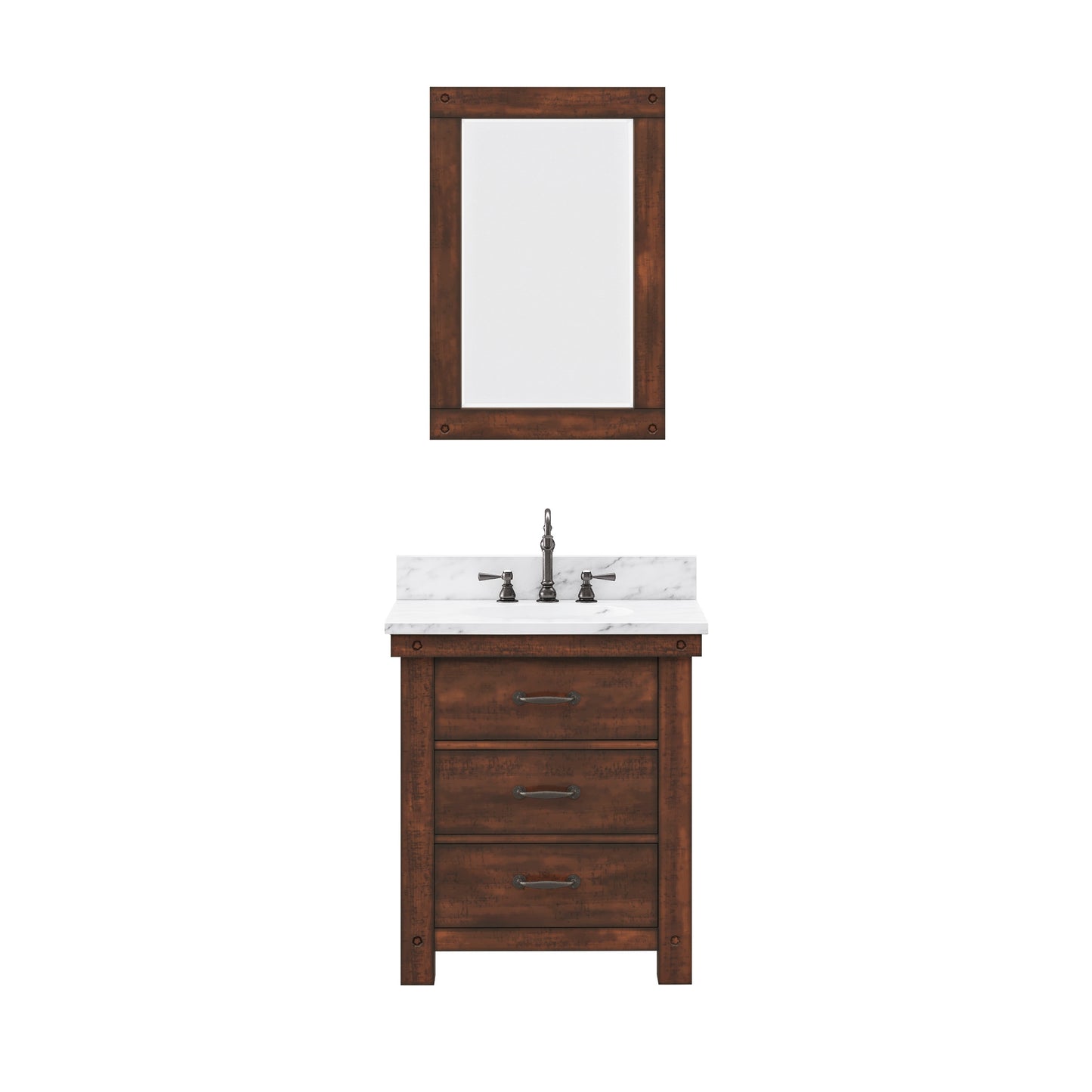 ABERDEEN 30"W x 34"H Sierra Rustic Single-Sink Vanity with Carrara White Marble Countertop + Mirror