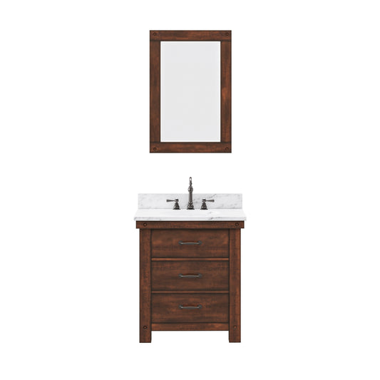 ABERDEEN 30"W x 34"H Sierra Rustic Single-Sink Vanity with Carrara White Marble Countertop + Mirror