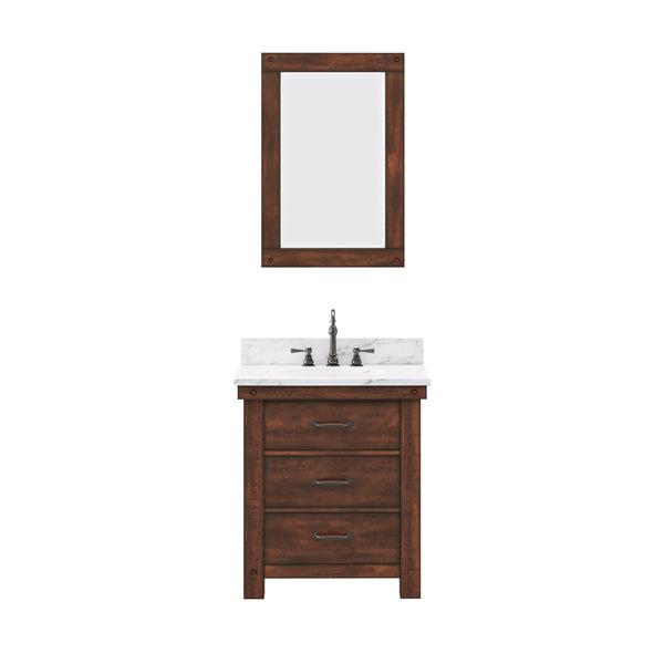 ABERDEEN 30W x 34H Sierra Rustic Single-Sink Vanity with Carrara White Marble Countertop + Mirror