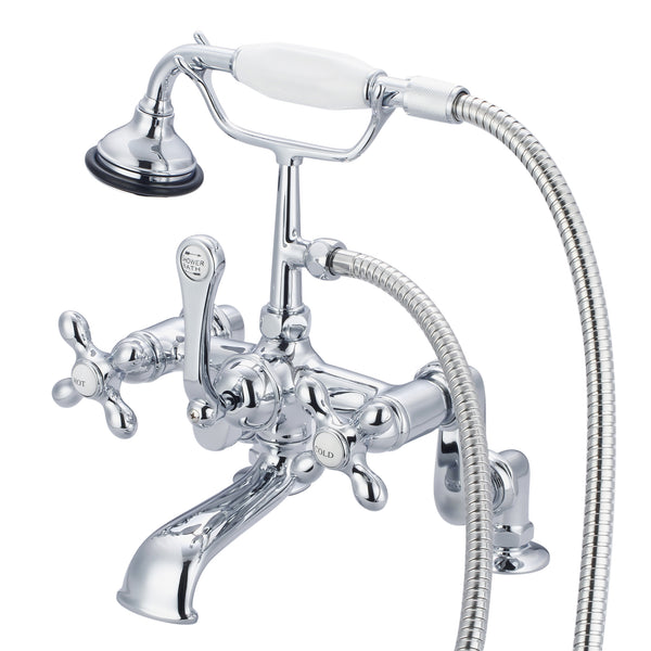 Vintage Classic Adjustable Center Deck Mount Tub Faucet With Handheld Shower in Chrome Finish, With Metal Lever Handles, Hot And Cold Labels Included